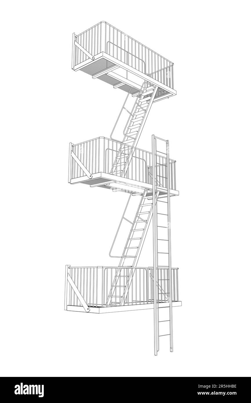 Il contorno delle scale della strada per il sollevamento tra i pavimenti da linee nere isolate su uno sfondo bianco. Vista prospettica. Illustrazione vettoriale. Illustrazione Vettoriale