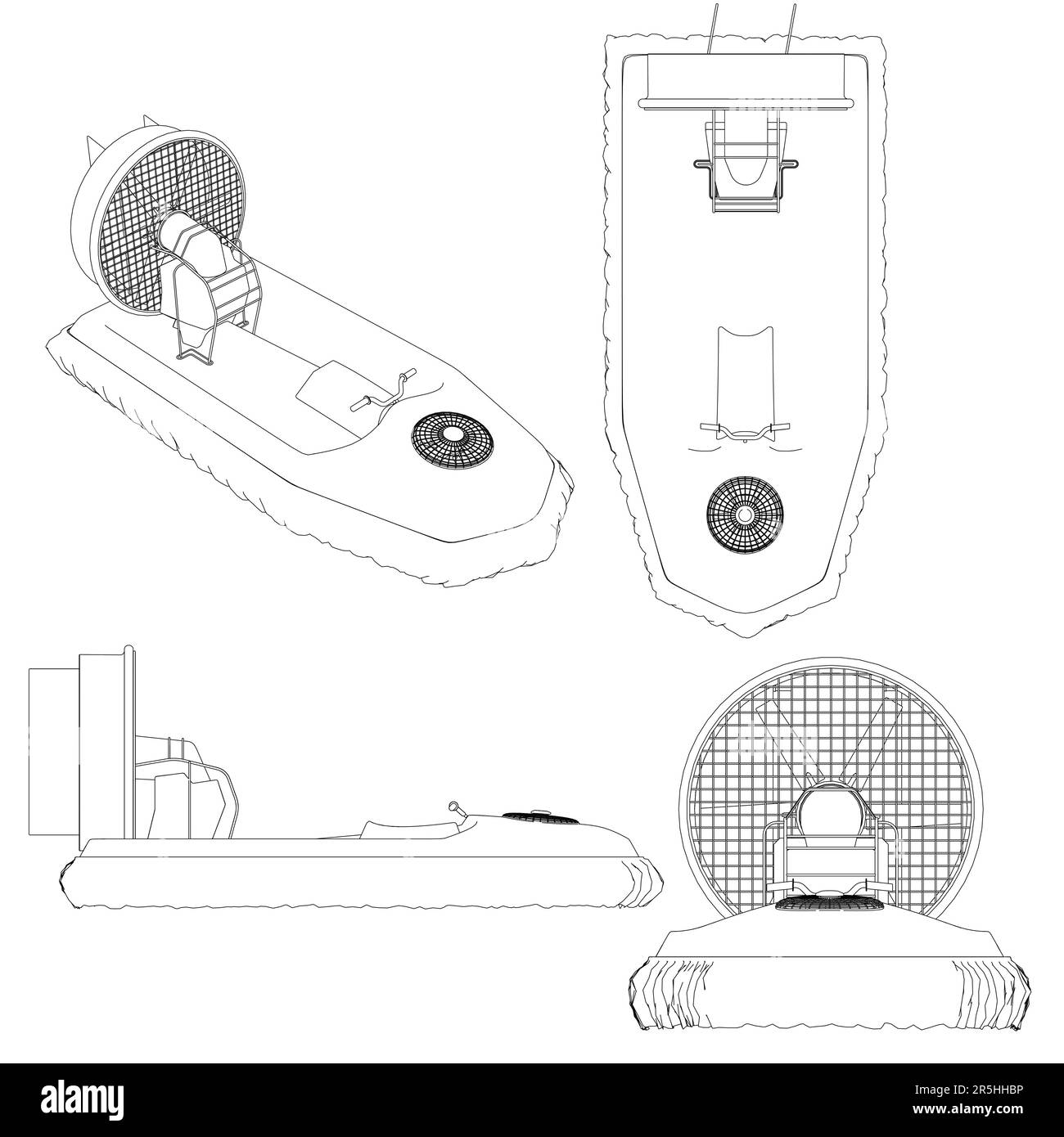 Un insieme di contorni di una barca su un cuscino da linee nere isolate su uno sfondo bianco. Vista isometrica, superiore, anteriore, laterale. Illustrazione vettoriale. Illustrazione Vettoriale