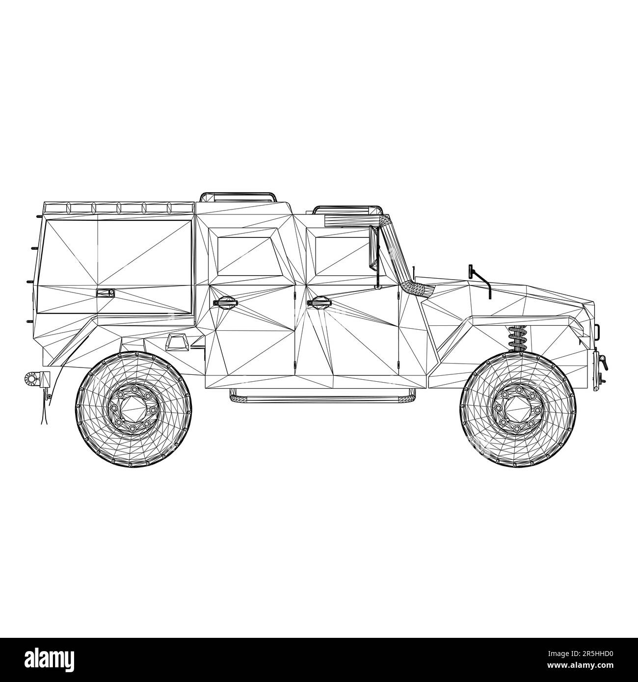 Linea nera combattimento jeep wireframe isolato su sfondo bianco. Vista laterale. 3D. Illustrazione vettoriale. Illustrazione Vettoriale