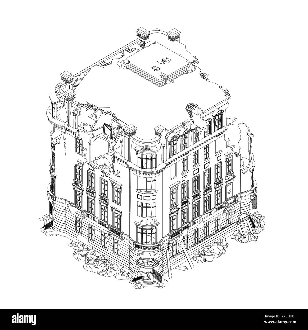 Contorno di una casa distrutta da linee nere isolate su sfondo bianco. Vista isometrica. Illustrazione vettoriale. Illustrazione Vettoriale