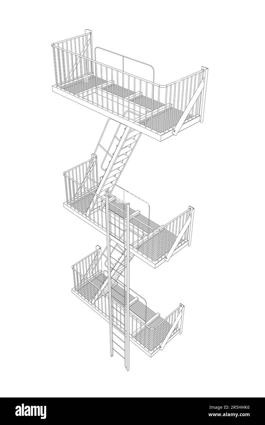 Il contorno delle scale della strada per il sollevamento tra i pavimenti da linee nere isolate su uno sfondo bianco. Vista prospettica. Illustrazione vettoriale. Illustrazione Vettoriale