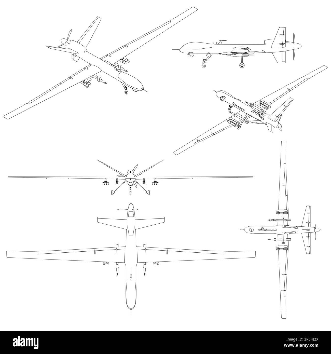 Con contorni di veicoli aerei da combattimento senza equipaggio dalle linee nere isolate su uno sfondo bianco. Vista laterale, inferiore, superiore, isometrica. Illlust vettoriale Illustrazione Vettoriale