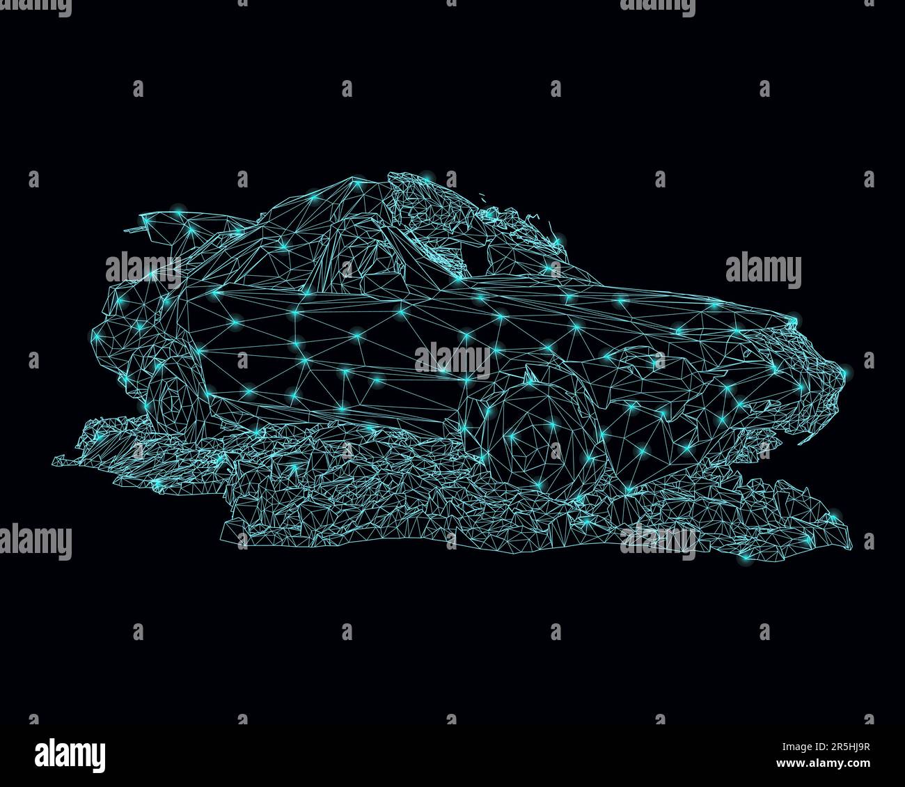 Struttura a reticolo di un'auto distrutta in rovine e frammenti di linee blu isolate su uno sfondo scuro. 3D. Illustrazione vettoriale. Illustrazione Vettoriale