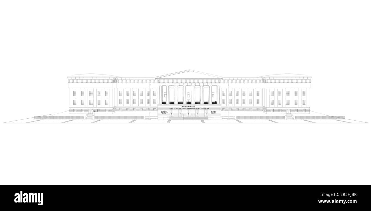 Profilo di un grande museo dalle linee nere isolate su uno sfondo bianco. Vista frontale. Illustrazione vettoriale. Illustrazione Vettoriale