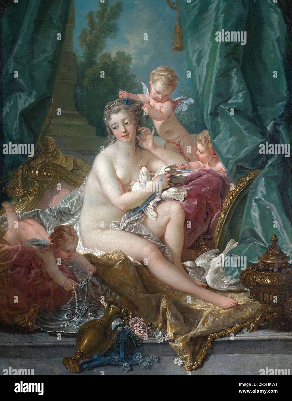 La Toilette di Venere dipinta da Francois Bouchard nel 1751. Anche se poco conosciuto oggi, Francesco Boucher è stato uno dei più celebrati pittori del 18th ° secolo in Francia. Dipinse temi classici in stile barocco e rococò. Il suo patrono era Madame de Pompadour e il suo lavoro era così popolare che alla fine divenne Premier Peintre du Roi (primo pittore del re), una prestigiosa posizione di corte nel regime di Ancien. Foto Stock