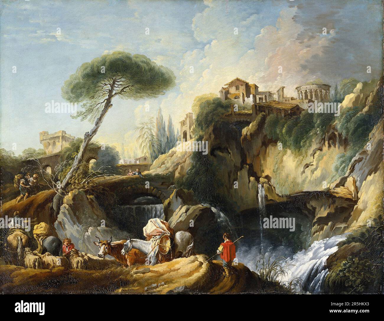 Vista di Tivoli con il Tempio di Vesta dipinto da Francois Bouchard. Anche se poco conosciuto oggi, Francesco Boucher è stato uno dei più celebrati pittori del 18th ° secolo in Francia. Dipinse temi classici in stile barocco e rococò. Il suo patrono era Madame de Pompadour e il suo lavoro era così popolare che alla fine divenne Premier Peintre du Roi (primo pittore del re), una prestigiosa posizione di corte nel regime di Ancien. Foto Stock