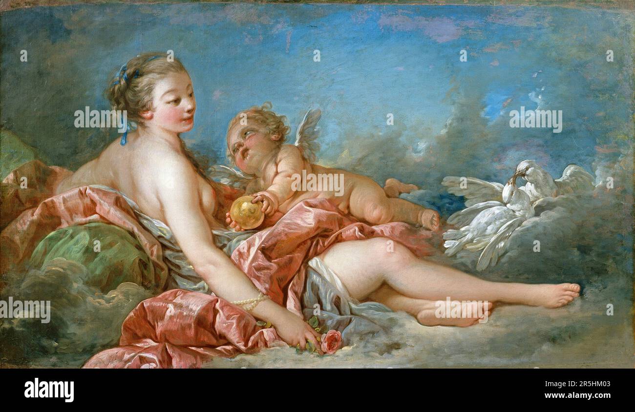 Venere e Cupido dipinte da Francois Bouchard nel 1760. Anche se poco conosciuto oggi, Francesco Boucher è stato uno dei più celebrati pittori del 18th ° secolo in Francia. Dipinse temi classici in stile barocco e rococò. Il suo patrono era Madame de Pompadour e il suo lavoro era così popolare che alla fine divenne Premier Peintre du Roi (primo pittore del re), una prestigiosa posizione di corte nel regime di Ancien. Foto Stock