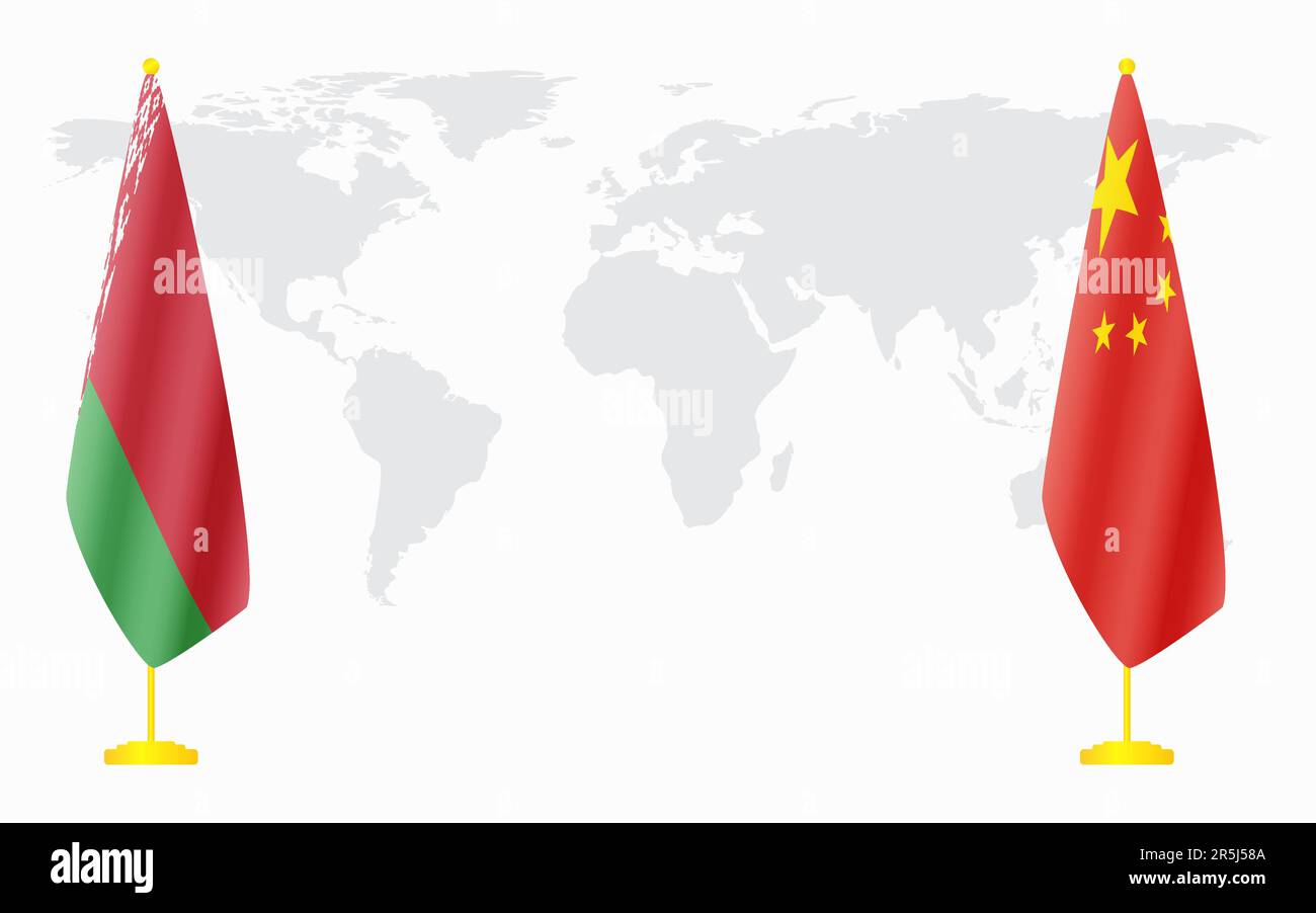 Bandiere cinesi e bielorusse per l'incontro ufficiale sullo sfondo della mappa mondiale. Illustrazione Vettoriale