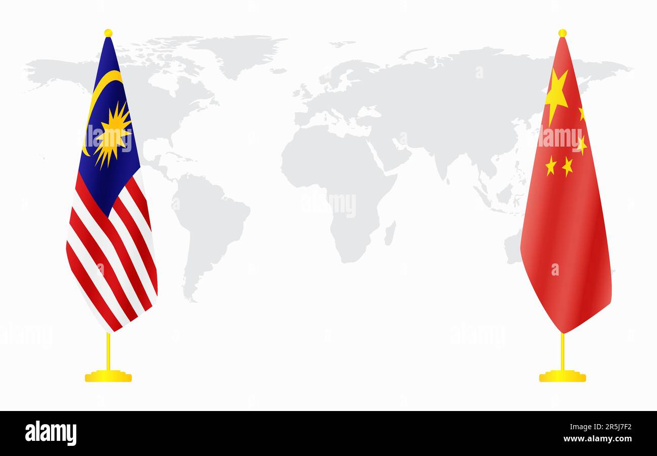 Bandiere di Cina e Malesia per l'incontro ufficiale sullo sfondo della mappa mondiale. Illustrazione Vettoriale