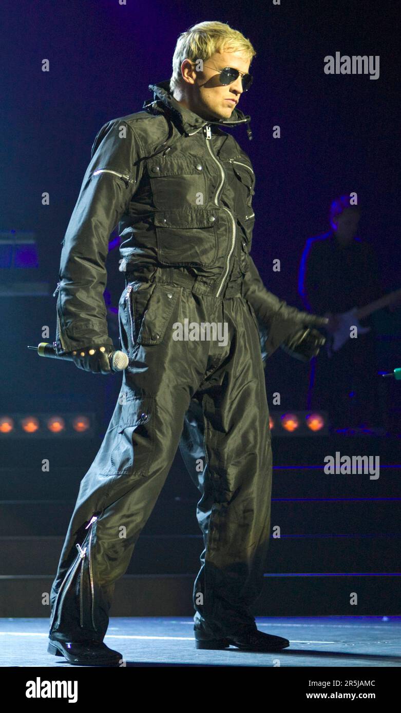 Kian Egan della band pop irlandese, Westlife, che si esibisce sul palco presso la Westpac Arena, Christchurch, Nuova Zelanda, mercoledì 07 maggio, 2008. Foto Stock