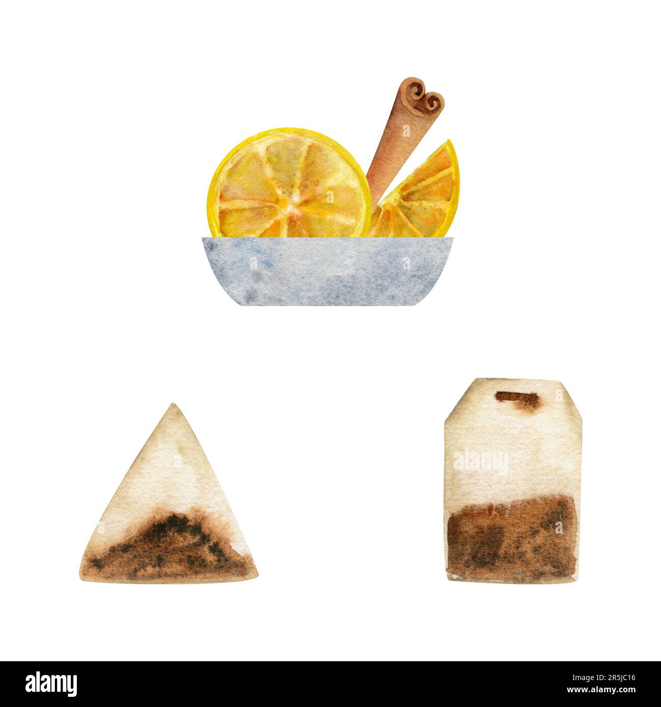 Illustrazione disegnata a mano con acquerello. Bustine di tè, fettine di limone e bastoncini di cannella in piattino di porcellana. Oggetto isolato su sfondo bianco. Inviti Foto Stock