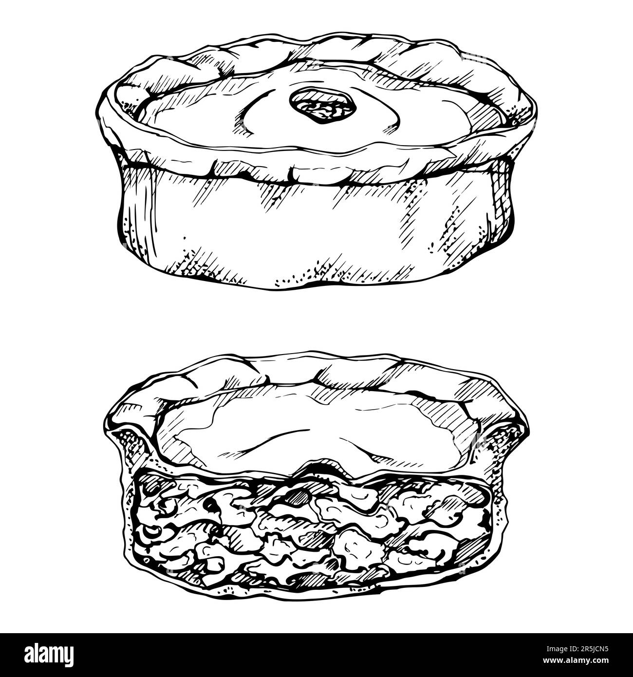 Schizzo vettoriale disegnato a mano con inchiostro di un oggetto isolato. Scotland cibo simbolo, scotch torta di conchiglie con carne macinata o bistecca. Design per turismo, viaggi Illustrazione Vettoriale