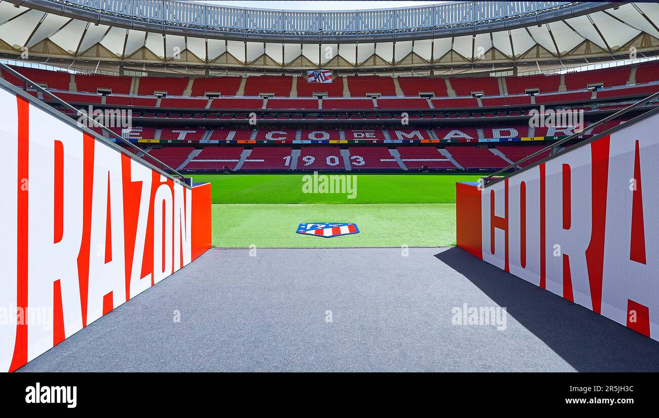 Vista sul campo all'arena Civitas Metropolitano - il parco giochi ufficiale del FC Atletico Madrid dal tunnel dei giocatori Foto Stock