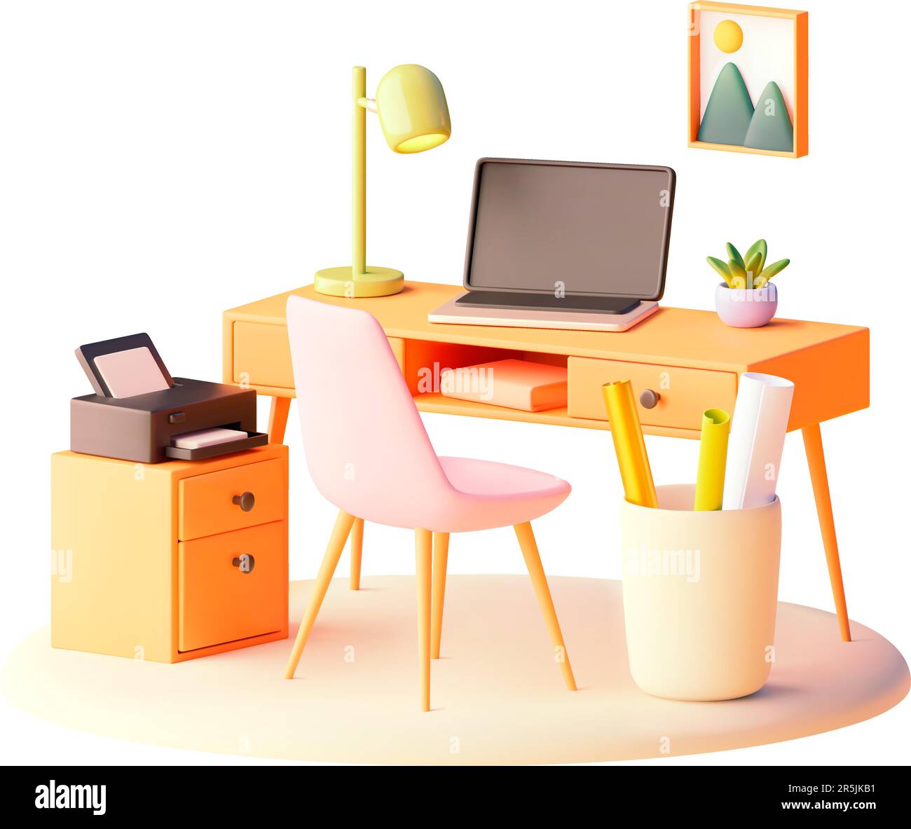 Ambiente di lavoro vettoriale con scrivania, sedia e computer portatile.  Arredamento per ufficio domestico. Lampada da scrivania, computer, supporto  per stampante Immagine e Vettoriale - Alamy