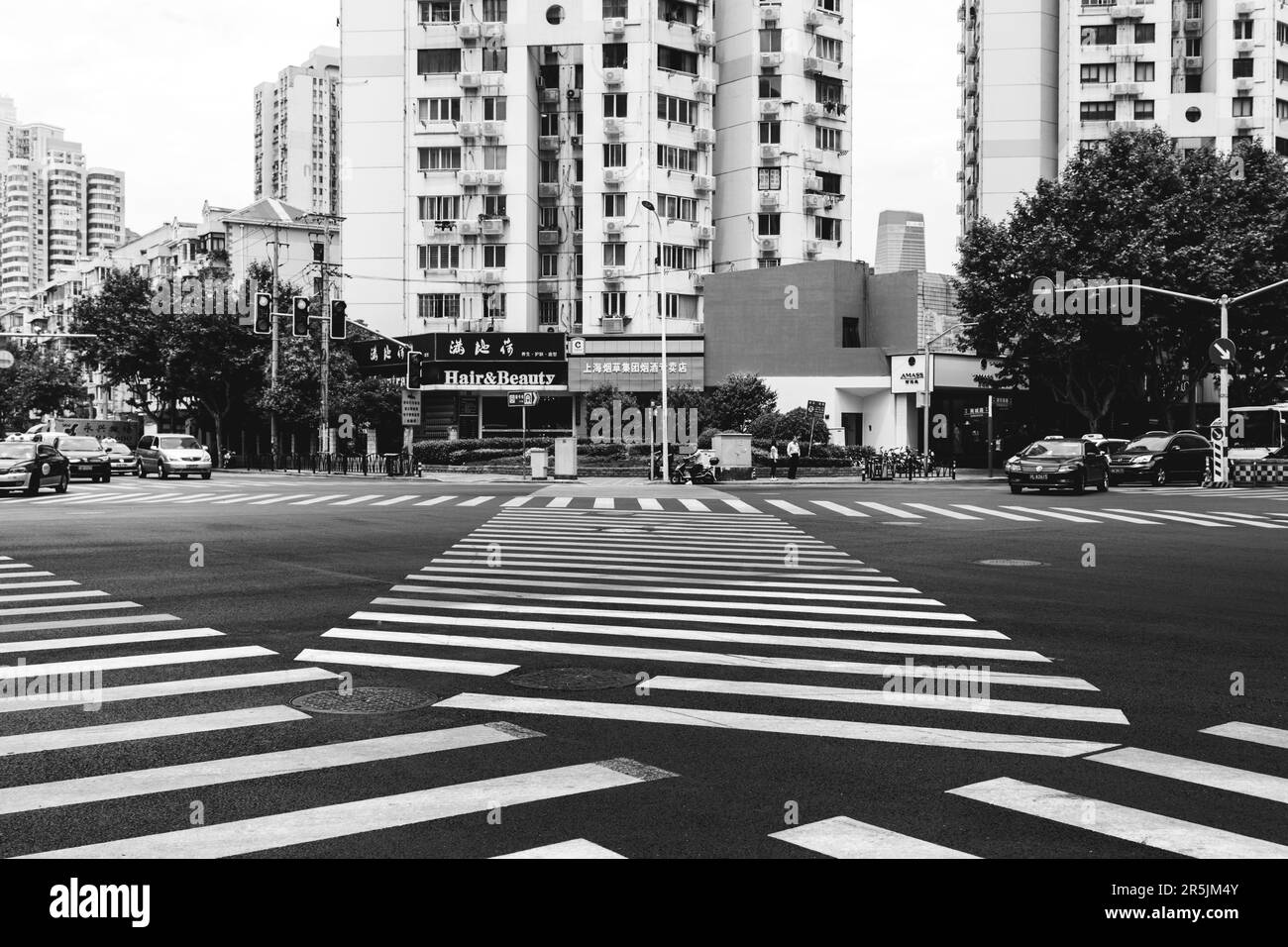 Attraversamento di strade bianche e nere nei sobborghi di shanghai Foto Stock