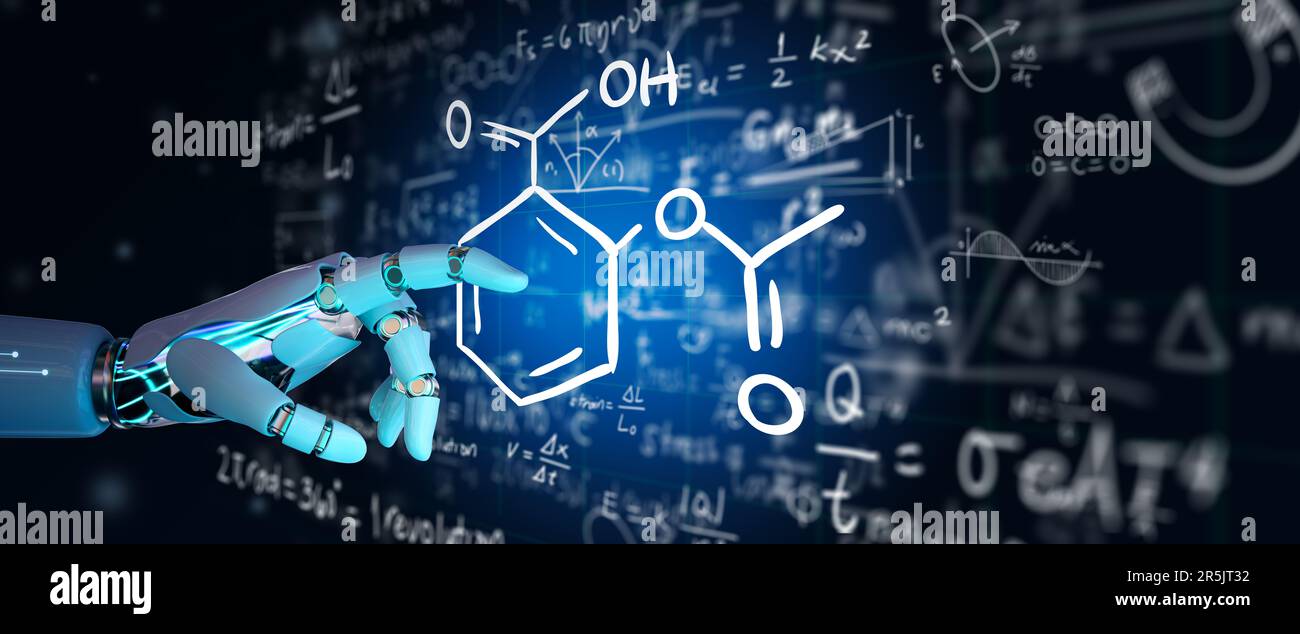 Ai Robot mano sulla formula scientifica e matematica equazione astratta sfondo nero. Educazione matematica o chimica, concetto di intelligenza artificiale Foto Stock