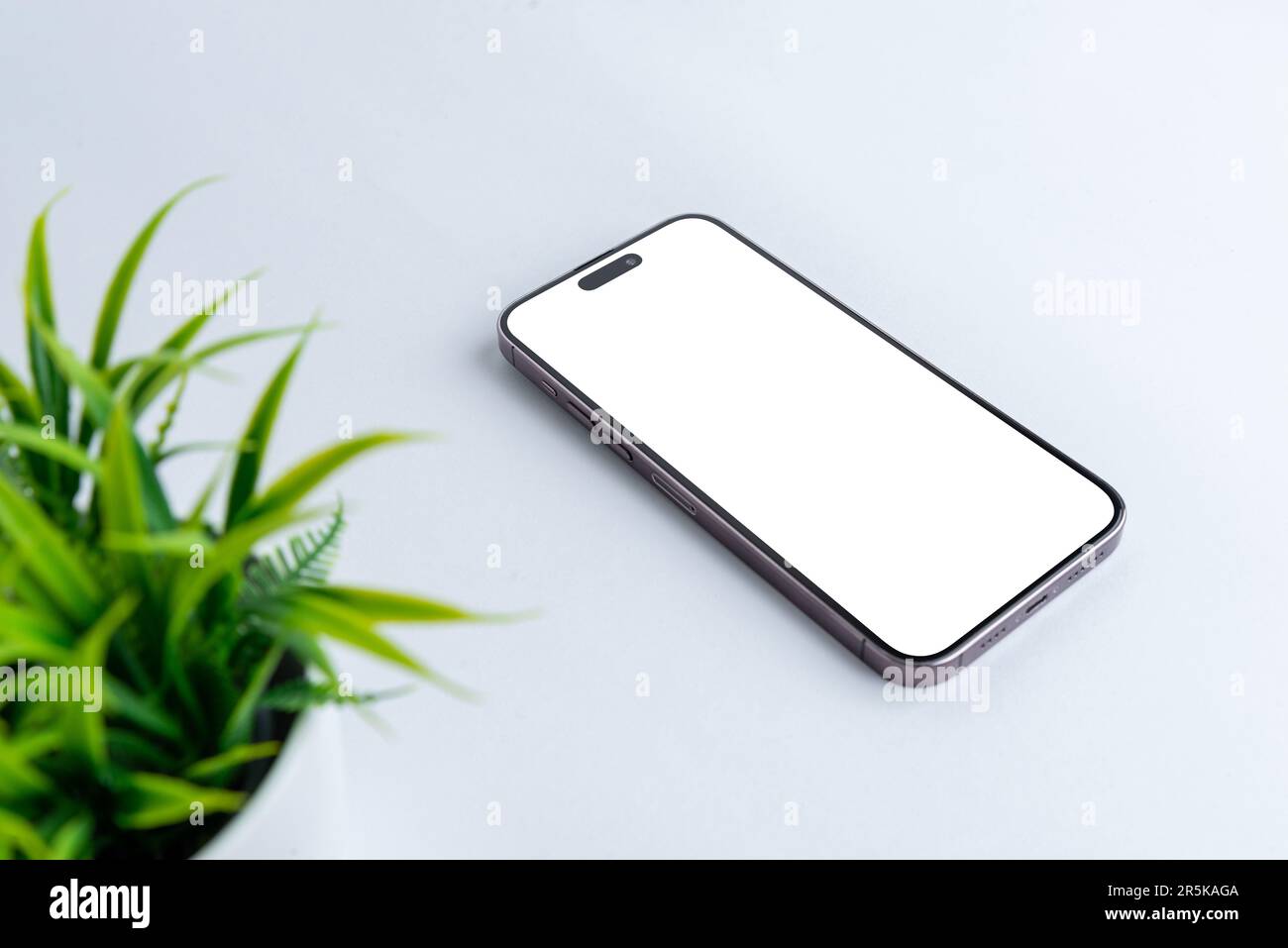 Telefono mockup sulla scrivania bianca. Schermata isolata per la presentazione del design dell'app. Pianta con foglie verdi accanto Foto Stock