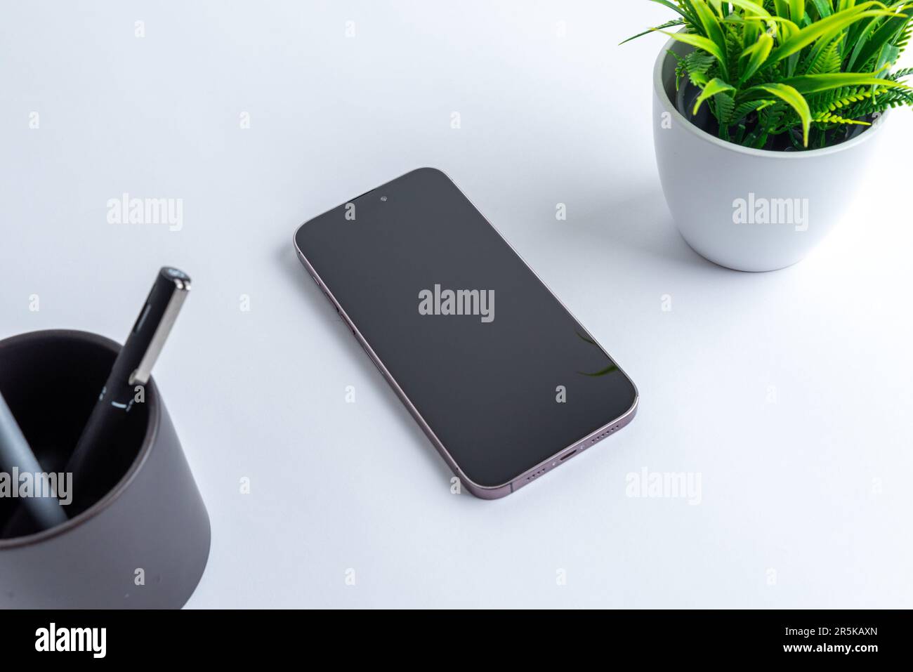 Telefono sulla scrivania dell'ufficio. Pianta e penne possono accanto. Display vuoto per la presentazione dell'app. Moderna, composizione aziendale Foto Stock