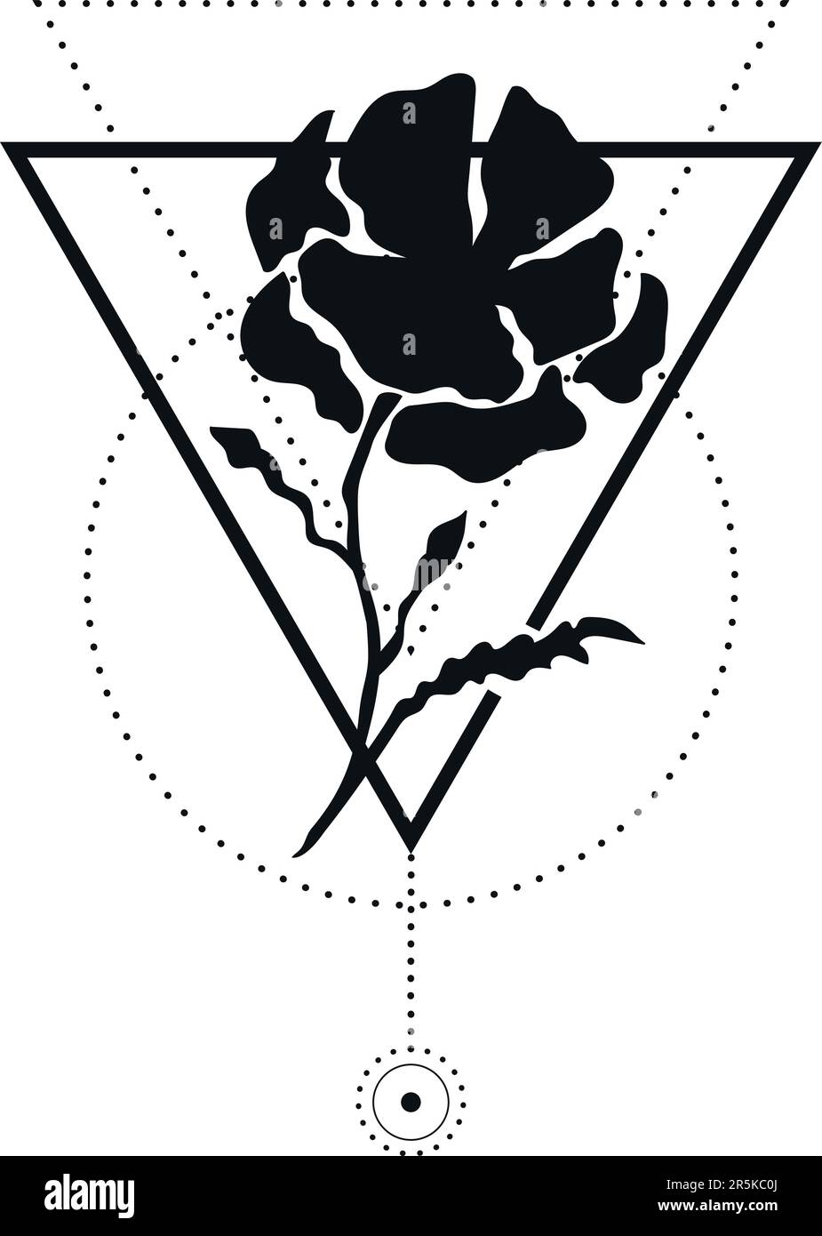 Tatuaggio botanico astratto con elementi geometrici isolati su sfondo bianco. Tatuaggio monocromatico floreale con contorno floreale. Illustrazione vettoriale Illustrazione Vettoriale