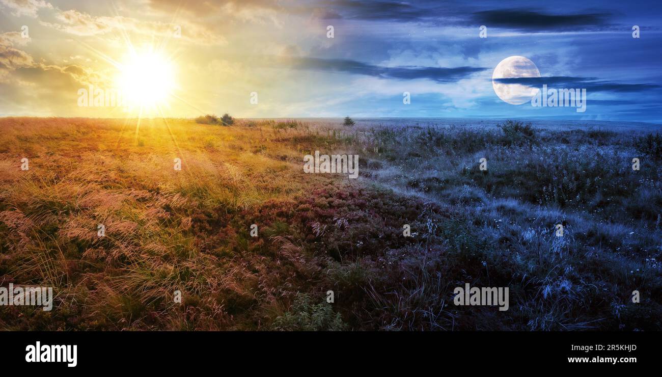 il giorno e la notte cambiano concetto al crepuscolo. prati erbosi della campagna carpaatica sotto un cielo con sole e luna. equinozio estivo Foto Stock