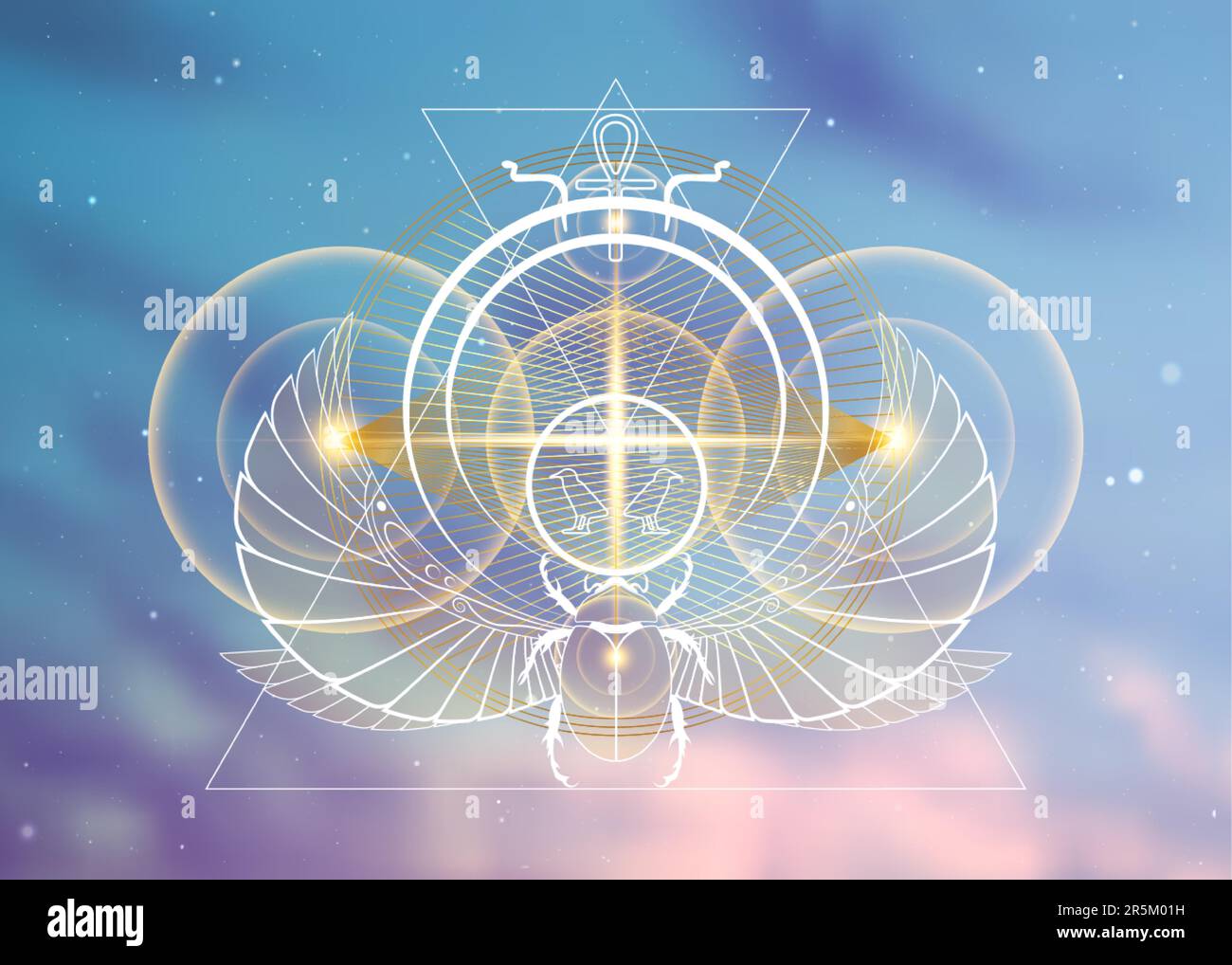 Geometria sacra planetaria egiziana, sovrapposizione delle linee d'oro scarabeo, forma a triangoli su cerchi. Orbite dell'energia divina. Alchimia, magia, esoterica Illustrazione Vettoriale