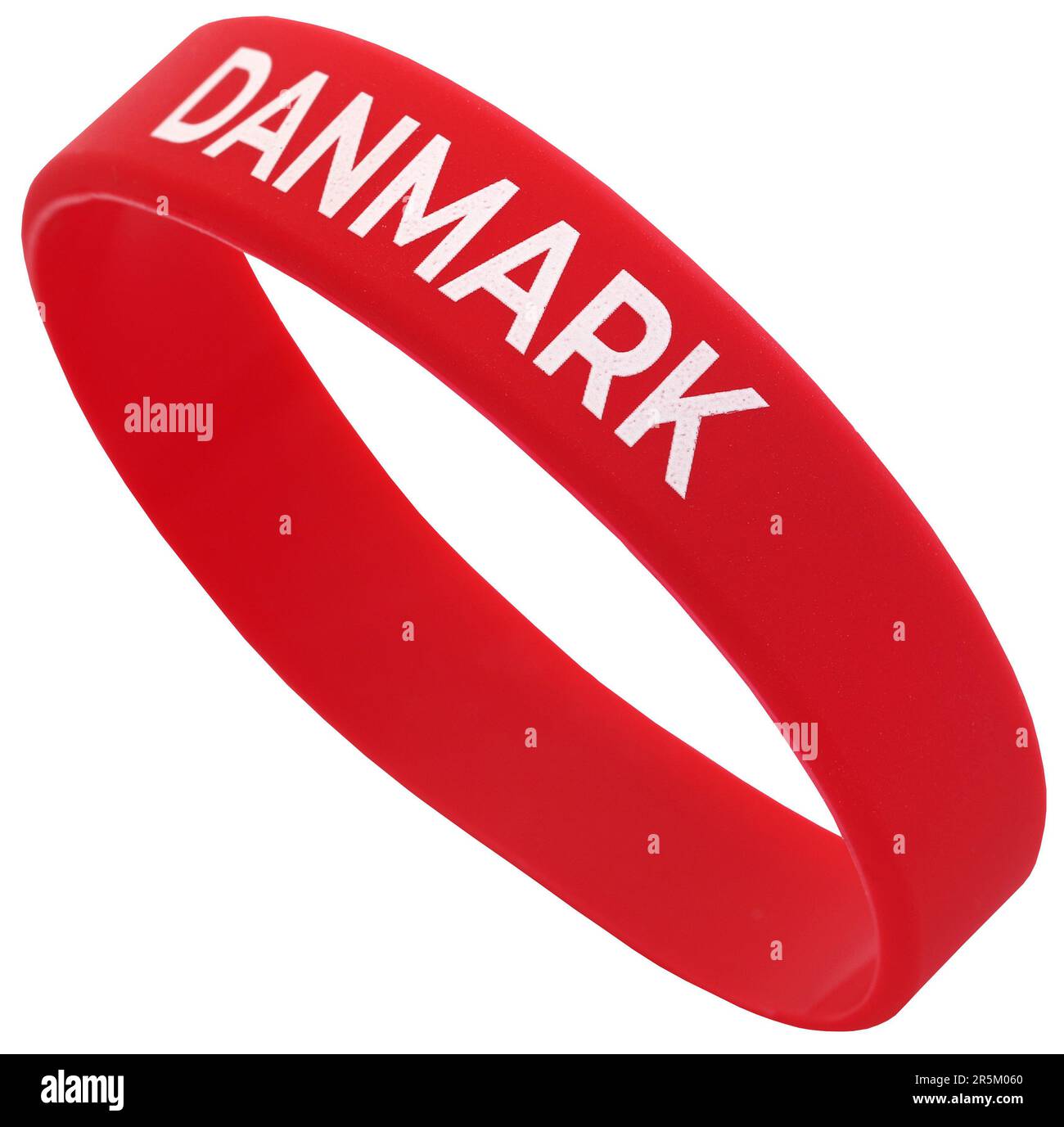 Braccialetto o braccialetto rosso con scritta Denamark in lettere bianche Foto Stock