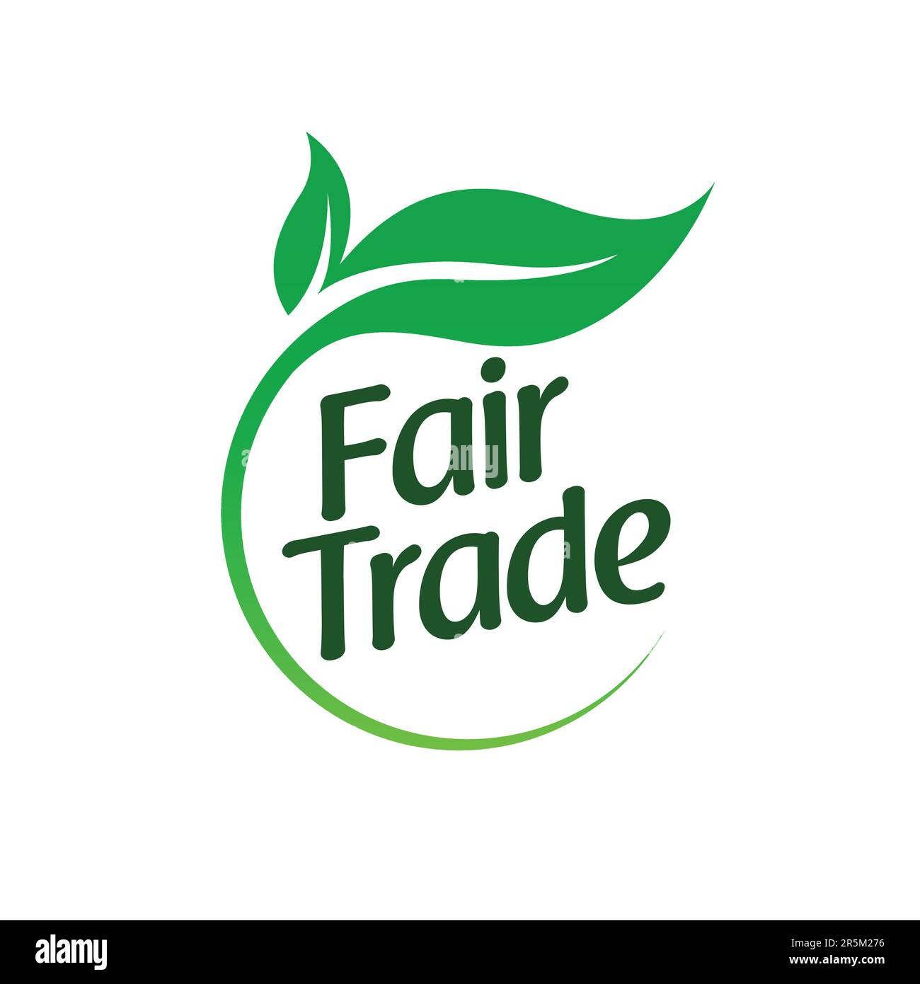Simbolo del logo del commercio equo e solidale con motivo circolare verde a foglia vettore di etichetta isolato su sfondo bianco Illustrazione Vettoriale