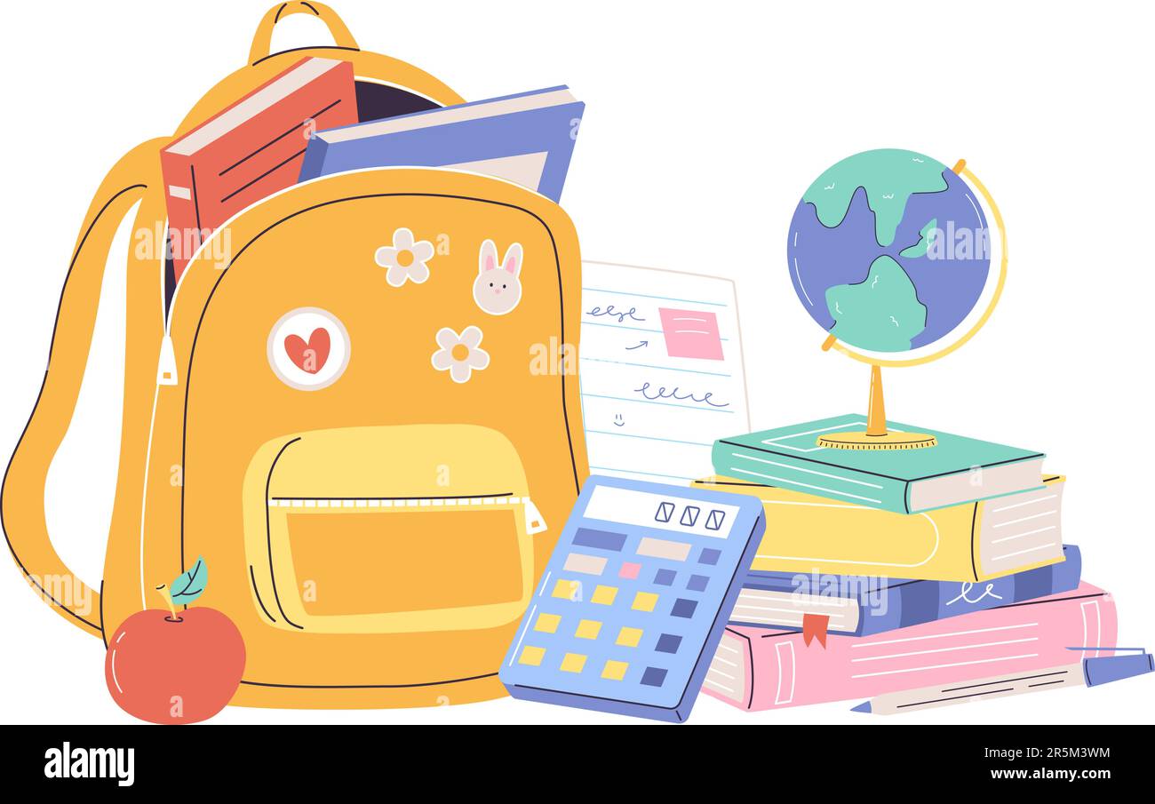 Cancelleria scolastica, zaino, pile di libri e notebook. Calcolatrice e globo, borsa studio con libro all'interno. Elementi vettoriali per l'educazione dei cartoni animati Illustrazione Vettoriale
