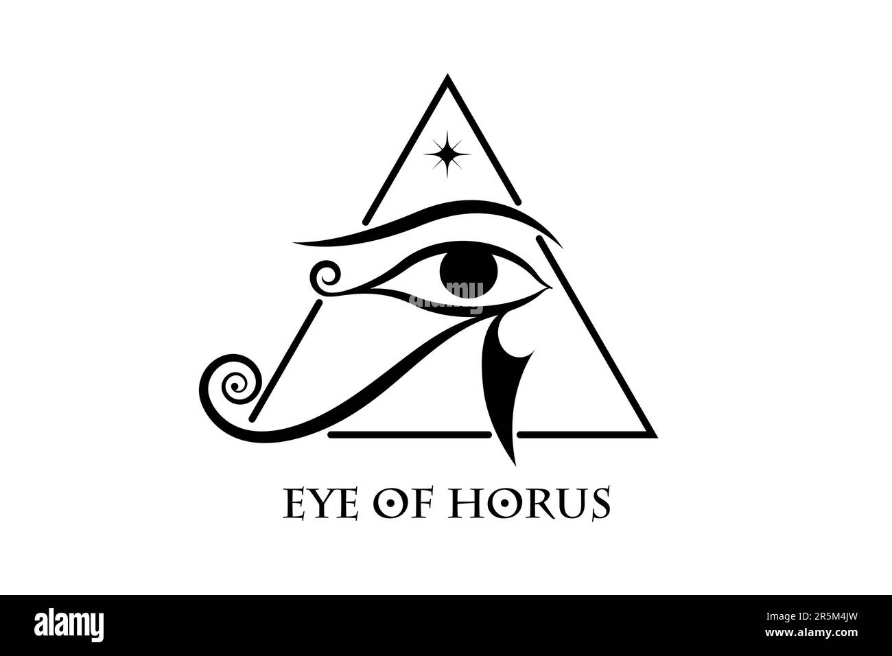 Design con logo Eye of Horus. L'antico segno della Luna Egiziana. Potente amuleto Pharaohs, tatuaggio vettore nero isolato su sfondo bianco Illustrazione Vettoriale