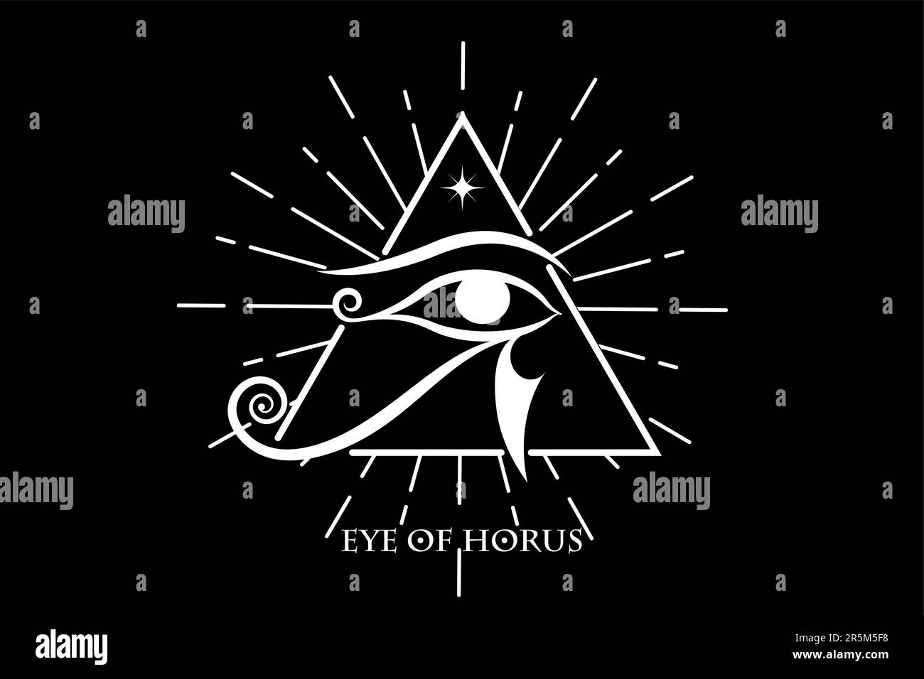 Design con logo Eye of Horus. L'antico segno della Luna Egiziana. Potente amuleto Pharaohs, tatuaggio vettore bianco isolato su sfondo nero Illustrazione Vettoriale