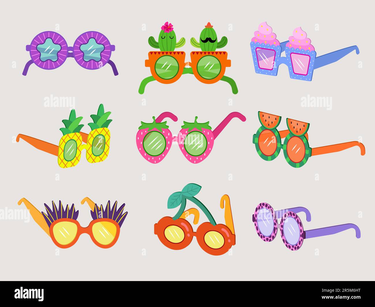 Occhiali da festa. Articoli alla moda divertenti per la decorazione degli occhi occhiali da sole recenti vettoriali colorati Illustrazione Vettoriale