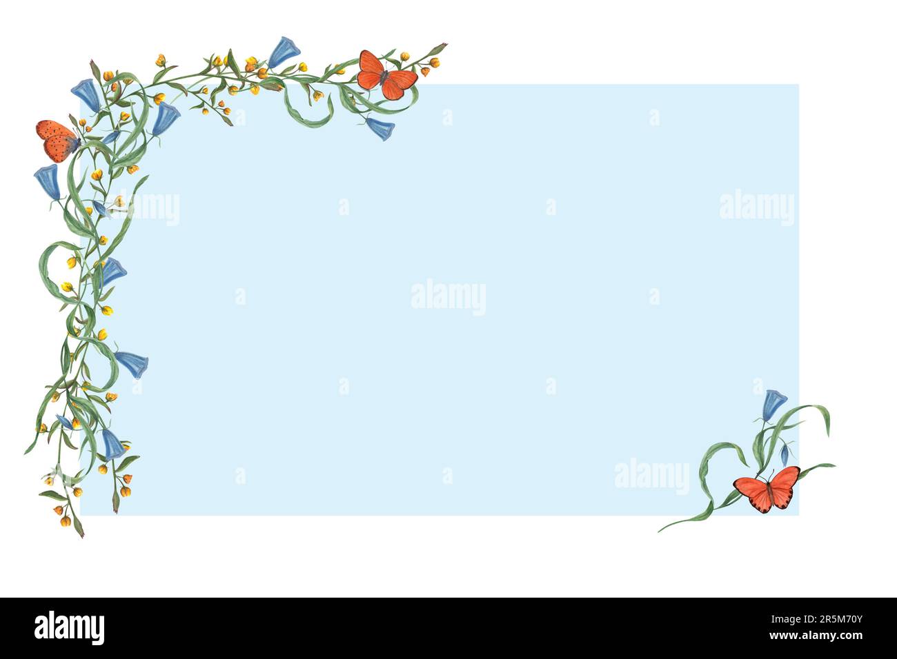 Acquerello fiori, farfalle isolate su sfondo bianco con cornice blu per il testo. Illustrazione di piante festive con spazio di testo per le schede di compleanno Foto Stock