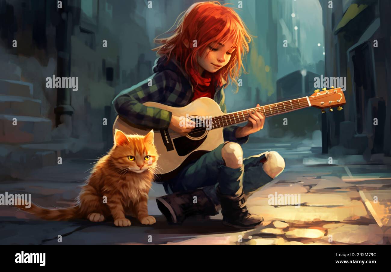 Ragazza carina che suona la chitarra con gatto tabby rosso su strada acciottolata. Sfondo sfocato, Europa. Arte digitale con pennellate dettagliate. Foto Stock