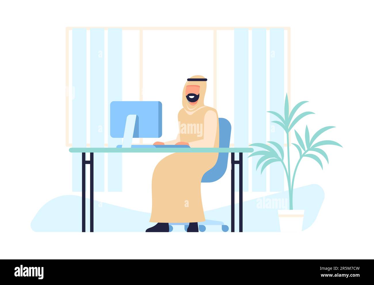 Uomo musulmano che lavora alla scrivania sul computer. Lavoratore di ufficio in abiti arabi tradizionali. Maschio arabo seduto su sedia. Uomo d'affari islamico al tavolo del PC Illustrazione Vettoriale