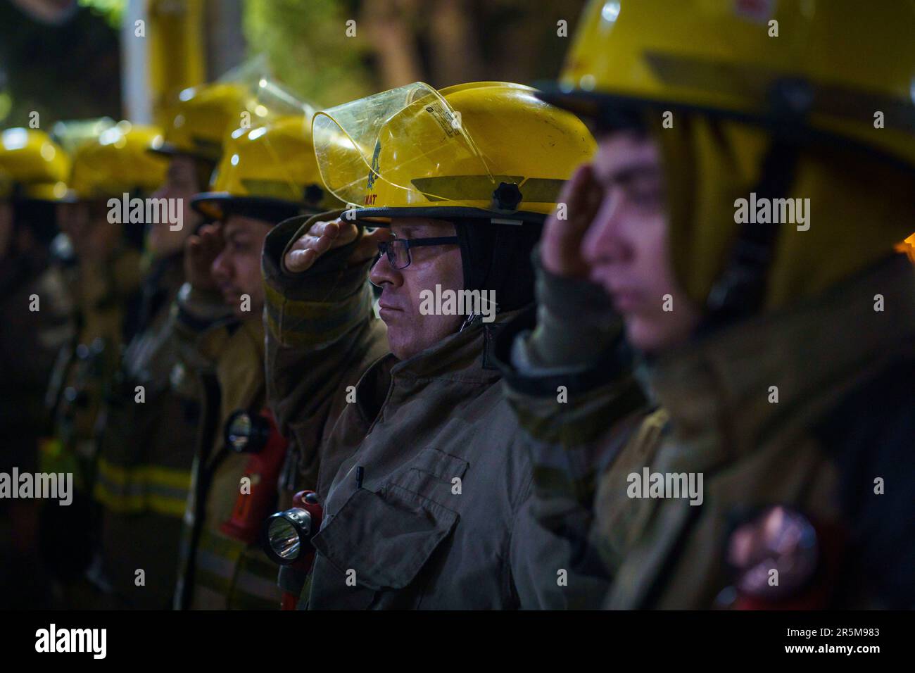 I vigili del fuoco celebrano la Giornata dei pompieri volontari. Il giorno rende omaggio alle brigate dei vigili del fuoco fondate a la Boca, Buenos Aires. Foto Stock