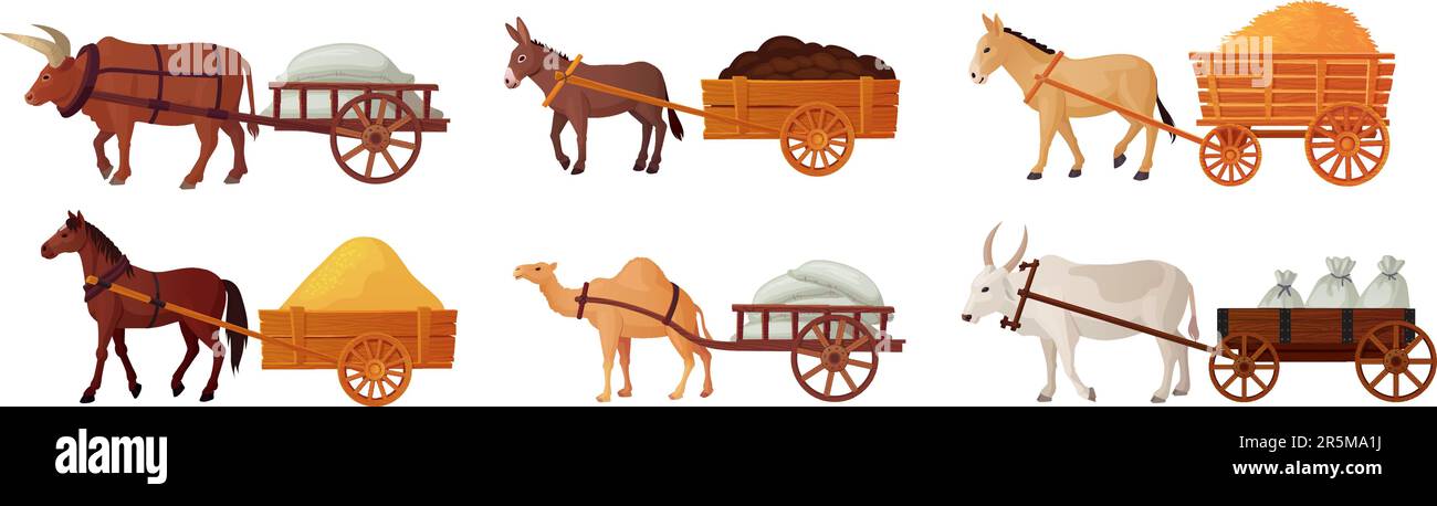 Tira animali cart. Giogo buoi che tira i carrelli, villaggio cavallo fattoria alimentazione bovini per il lavoro, toro indiano storico medievale trasporto asiatico bue bovino lavoro, ingegnoso vettore illustrazione di animali cart Illustrazione Vettoriale