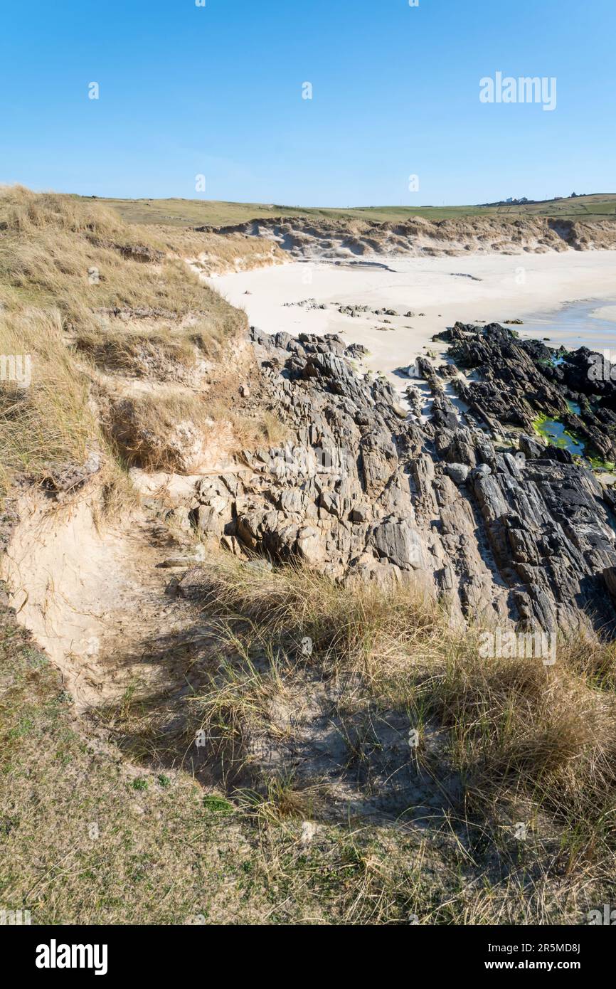 Spiaggia deserta a Breckon Sands su Yell, Shetland. Foto Stock