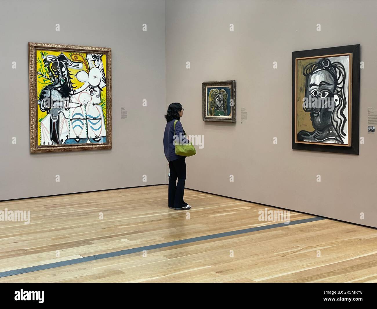 Donna che guarda i dipinti di Pablo Picasso al L.A. County Museum of Art (LACMA) a Los Angeles, California, USA Foto Stock