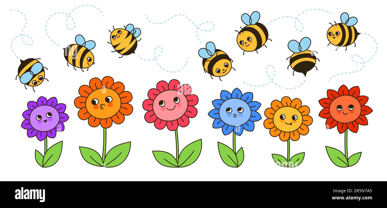 Bee miele personaggi e fiori retro cartone animato illustrazione. Fumetti bambini honeybee insetti personaggi con divertenti volti grafica. Cute mano disegnata comic estate smiley striato api doodle vettore di progettazione Illustrazione Vettoriale
