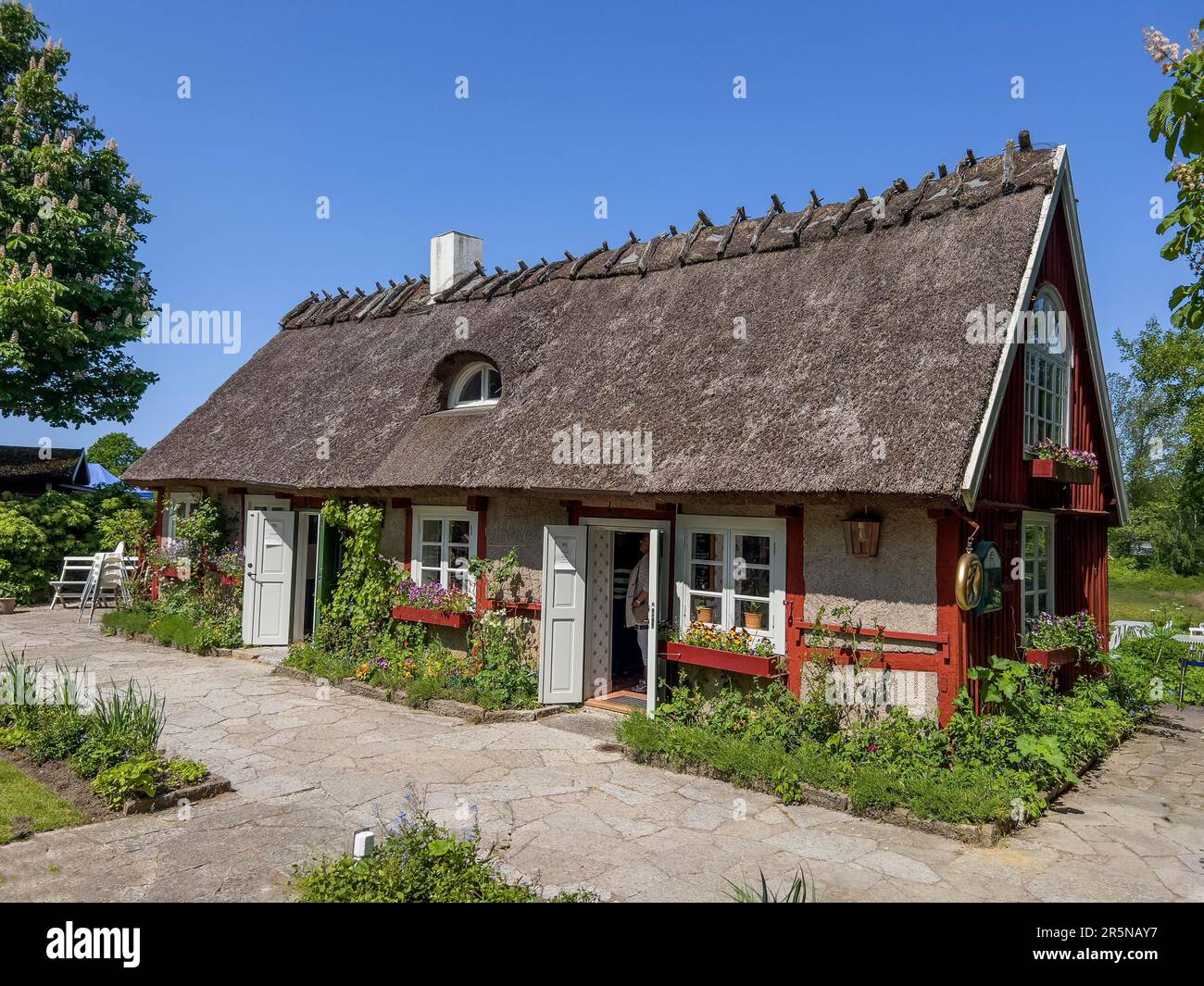 Casa di paglia, concupiscenza di paese, romantico, caffè, Flickorna Lundgren Pa Skaeret, Skaeret, Penisola di Kullen, Skane, Skane, Skane laen, sud Foto Stock