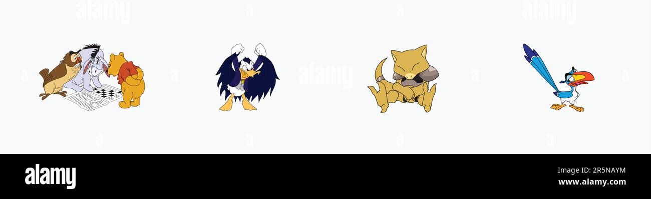 Logo Abra, logo Winnie the Pooh, logo Donald Dracul Duck, logo Zazu, logo vettoriale editoriale su carta bianca. Illustrazione Vettoriale