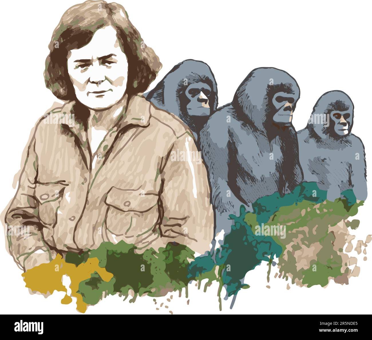 Vettore di Dian Fossey (1932-1985), conservazionista e primatologo. Illustrazione Vettoriale