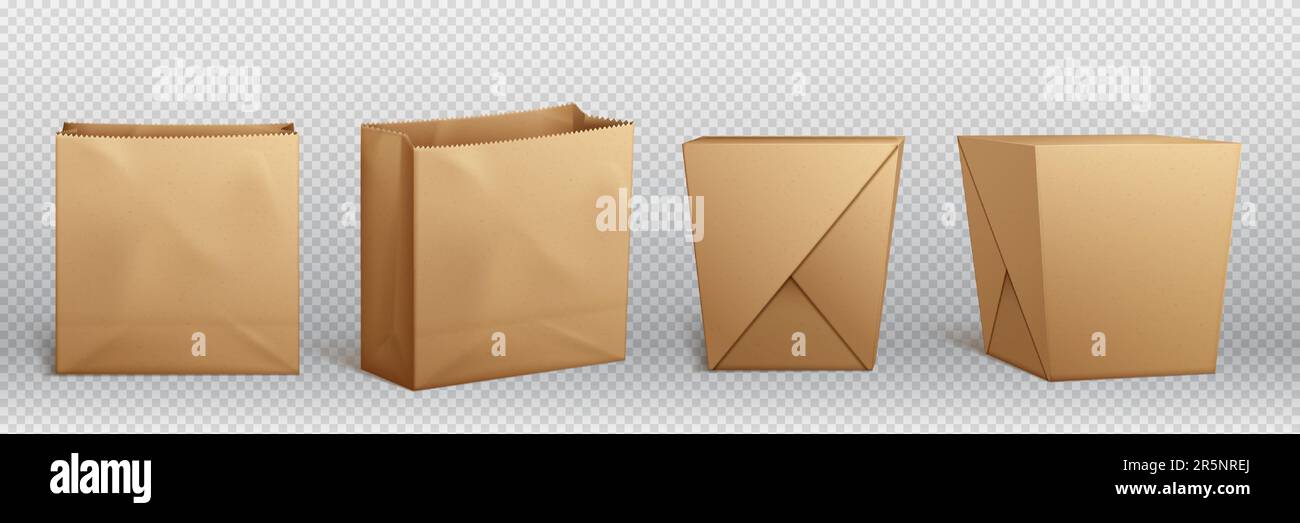 Pacchetto pranzo in carta marrone per piatti cinesi da asporto. Confezione da portare via per noodle o pasta icona. Contenitore quadrato in cartone vuoto da 3D mm, design a marchio candy su sfondo trasparente Illustrazione Vettoriale