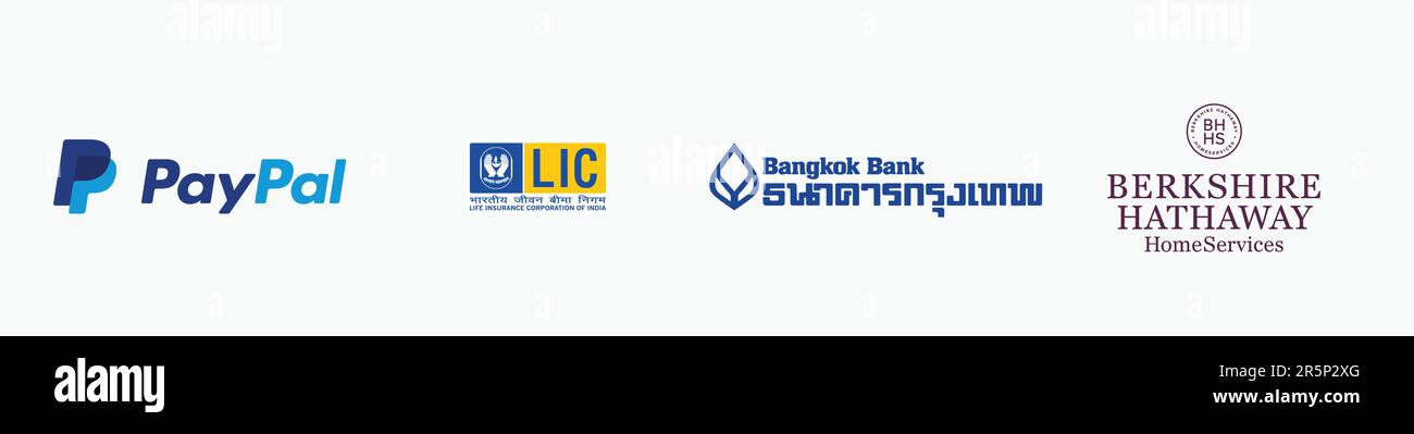 Logo LIC, logo BANGKOK BANK, logo BERKSHIRE HATHAWAY, LOGO PAYPAL, logo vettoriale editoriale su white paper. Illustrazione Vettoriale