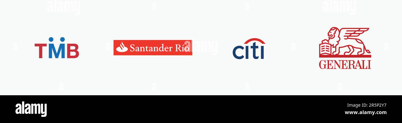 Logo TMB BANK, logo SANTANDERRIO, logo ASSICURAZIONI GENERALI, logo CITI, logo vettoriale editoriale su carta bianca. Illustrazione Vettoriale