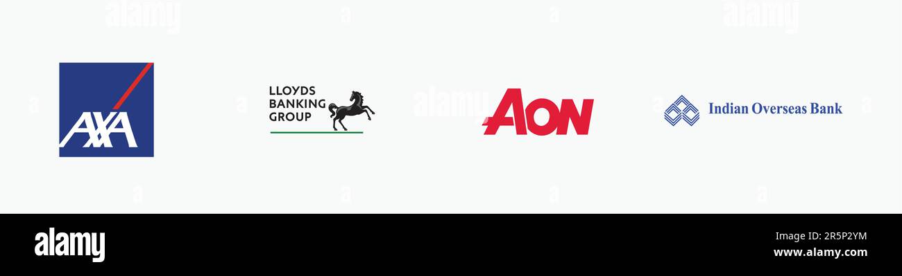 Logo AXA, logo LLOYDS BANKING GROUP, logo AON CORPORATION, logo INDIAN OVERSEAS BANK, logo Editorial Vector su white paper. Illustrazione Vettoriale