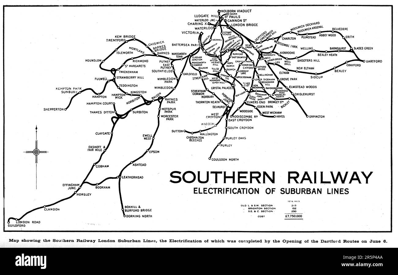 Southern Railway Company mappa delle linee ferroviarie suburbane elettrificate, datata 1926, che mostra le linee elettriche a 3rd linee ferroviarie. Foto Stock