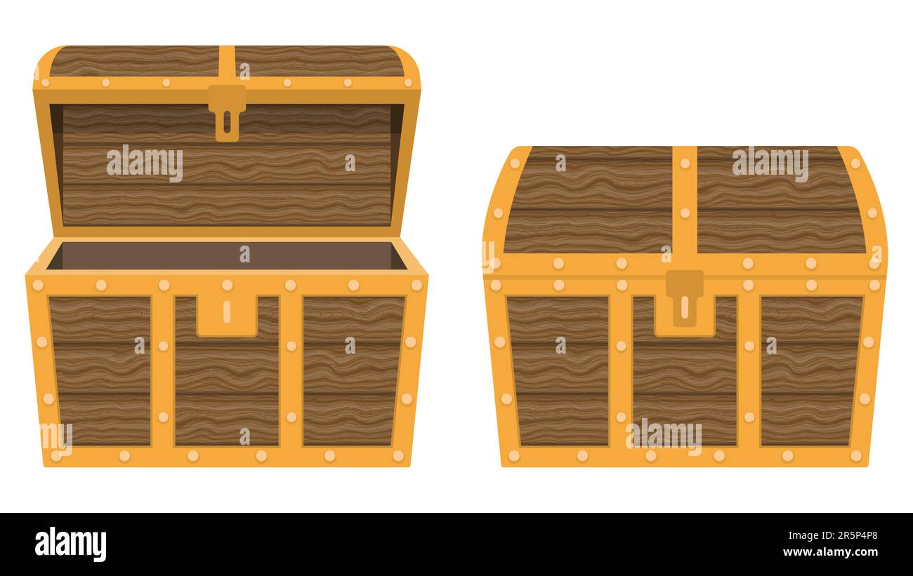 Animazione torace. Cassetta del tesoro vuota, cassettiere di cartoni animati medievali antiche aperte e chiuse. Illustrazione vettoriale. EPS 10. Illustrazione Vettoriale