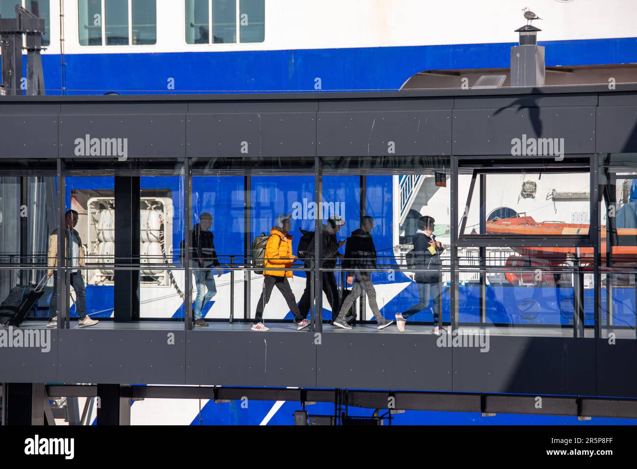 I passeggeri che partono dal traghetto M/S Finlandia utilizzando la passerella passeggeri a Länsiterminaali 2 o il terminal ovest 2 a Länsisatama, Helsinki, Finlandia Foto Stock