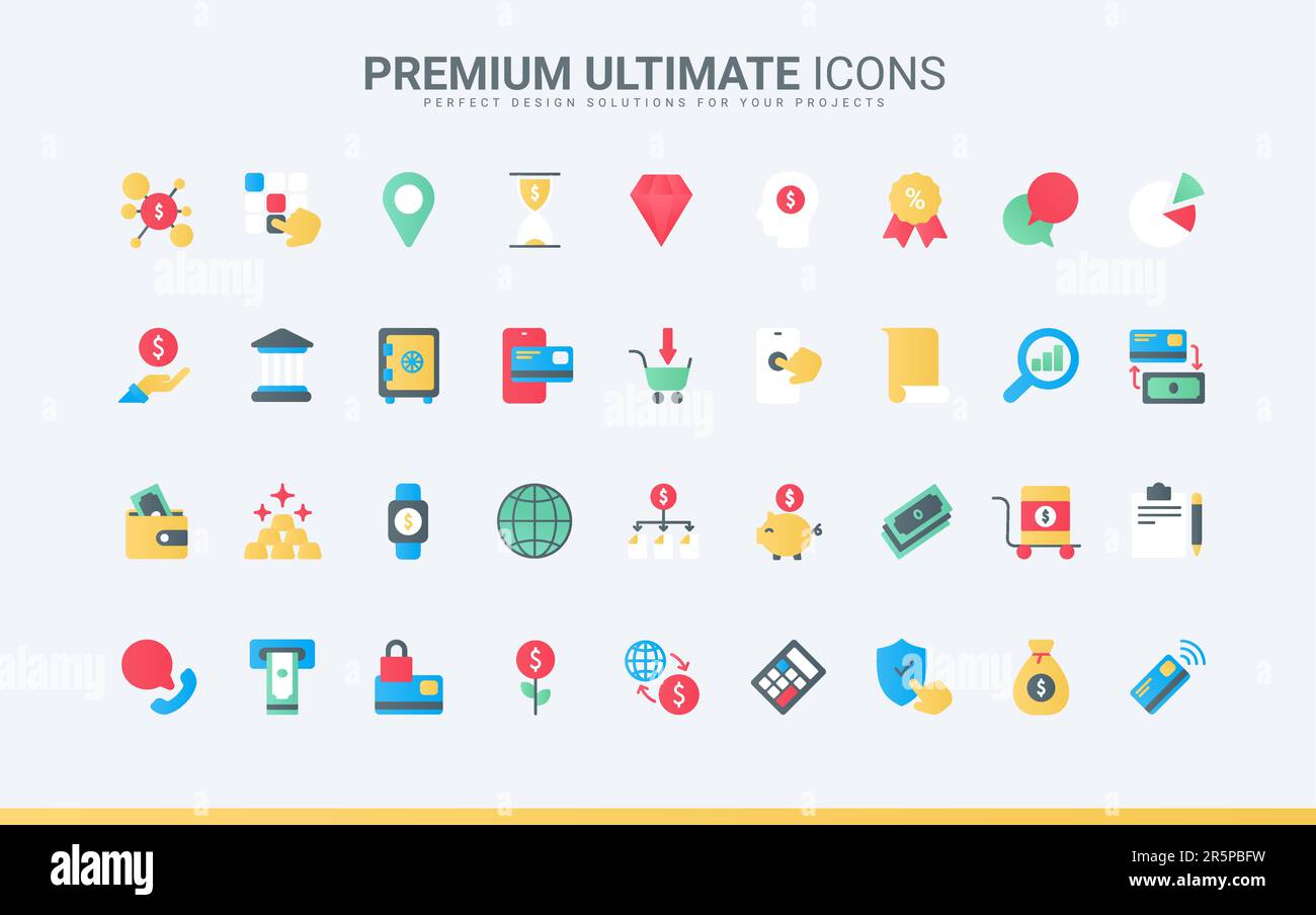 Icone a colori piatte e alla moda per finanza, servizi di analisi contabile e analisi, tra cui conto bancario, crescita dei profitti monetari, ricerca lineare dei dati del mercato azionario illustrazione vettoriale nfografica Illustrazione Vettoriale